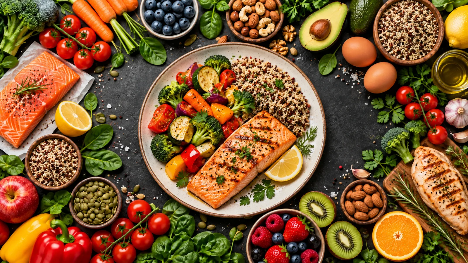 Assiette équilibrée : saumon grillé, quinoa et légumes, entourée d'aliments sains
